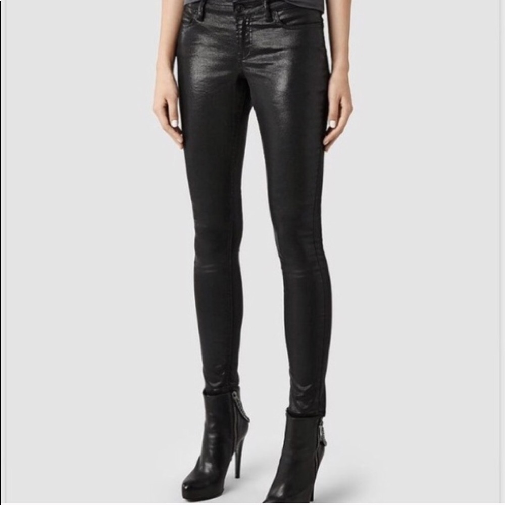 All Saints Petrel Brodie Waxed Black Skinny Jeans